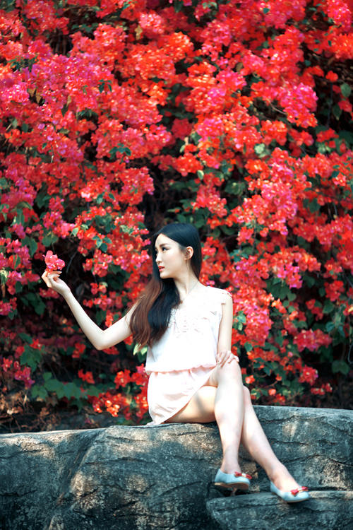 与花争艳的少女